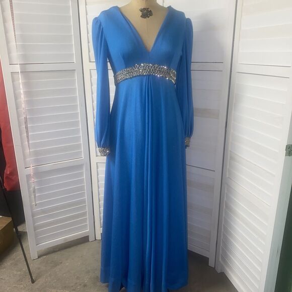 Vintage Handmade 60s 70s Jorami Renaissance Blue Hostess Gown Medium Sequins - Picture 2 of 12